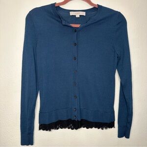 Ann Taylor Loft Blue Lace Trim Button Down Cardigan Size XXSmall